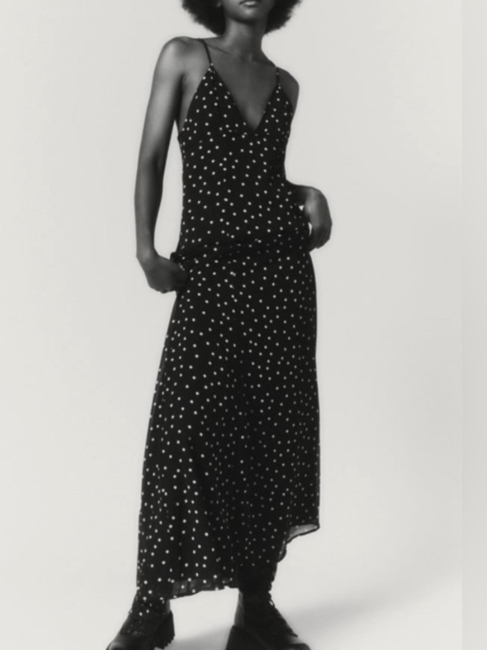 Zara Black Maxi Slip Dress with White Polka Dots